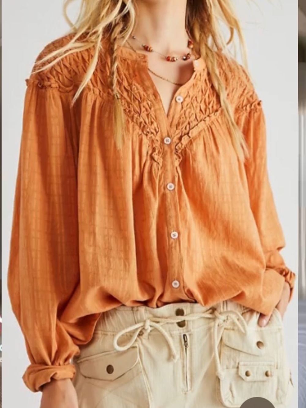 Smocked Free People Button-Front Top in Burnt Orange